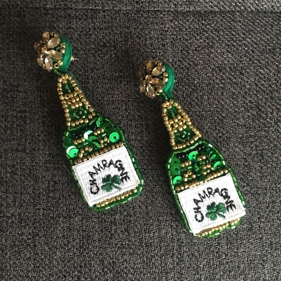 Felt Fabric Rhinestone & Sequin Champagne Bottle Shamrock Earrings, Green, Gold - Picture 12 of 16